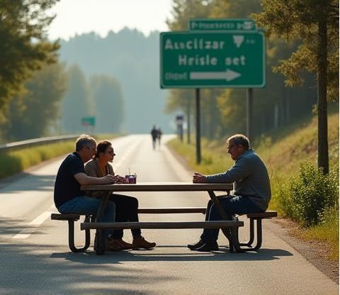 Reisende an einer Raststation der österreichischen Autobahn